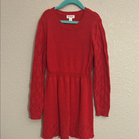 Girls Red A-Line Bishop Sleeve Crew Neck Sweater Dress - Picture 3 of 6